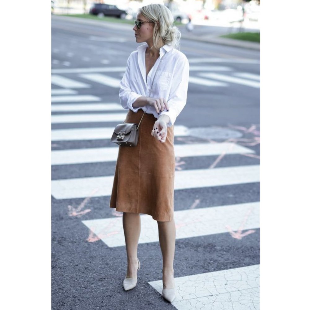 Vintage Danier Suede Leather Camel Tan High Rise Mini Midi Preppy Pencil Skirt - Picture 10 of 14